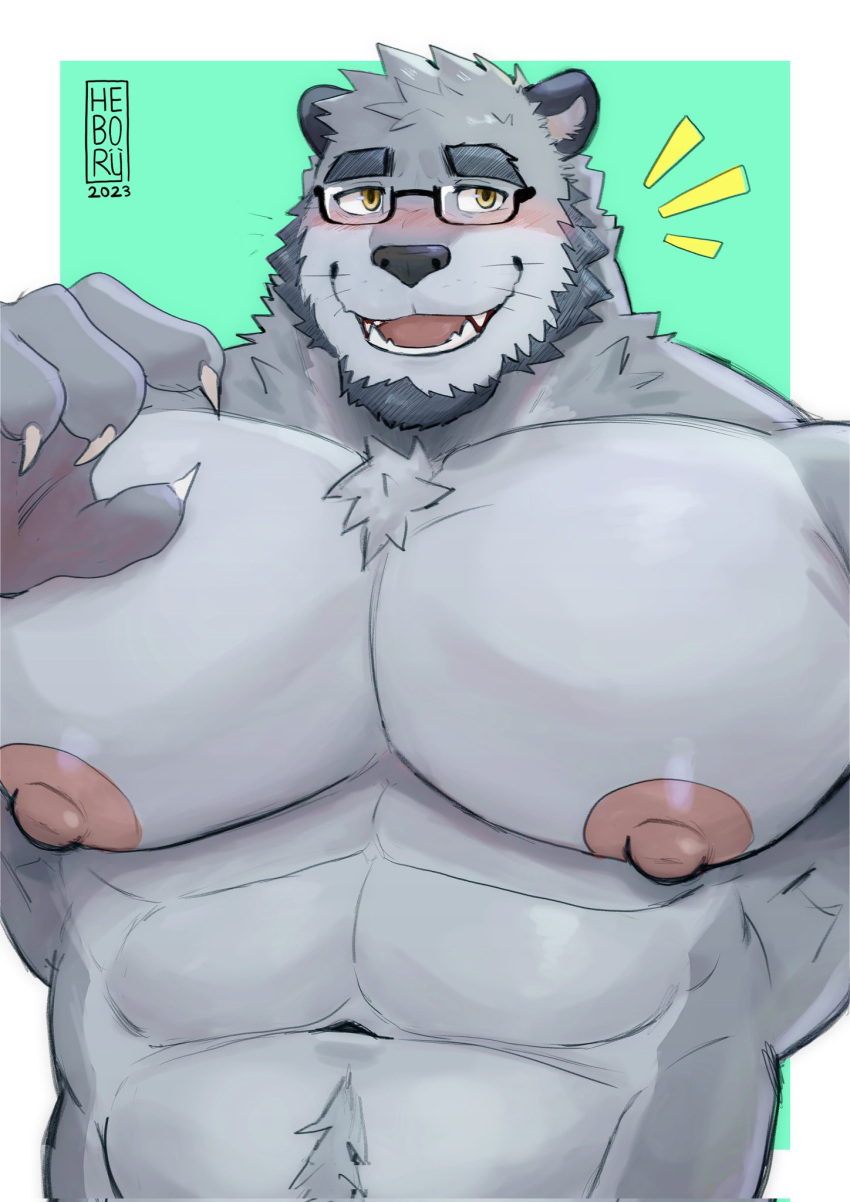 2023 abs anthro artist_logo beard big_nipples big_pecs blush border chest_tuft claws dated eyewear facial_hair finger_claws fur glasses green_background grey_body grey_fur grey_hair hair heboruuu hi_res logo male mammal muscular muscular_anthro muscular_male mustelid navel nipples open_mouth otter pecs rectangular_glasses siggy_(storiaxion) simple_background smile solo tuft whiskers white_border yellow_eyes