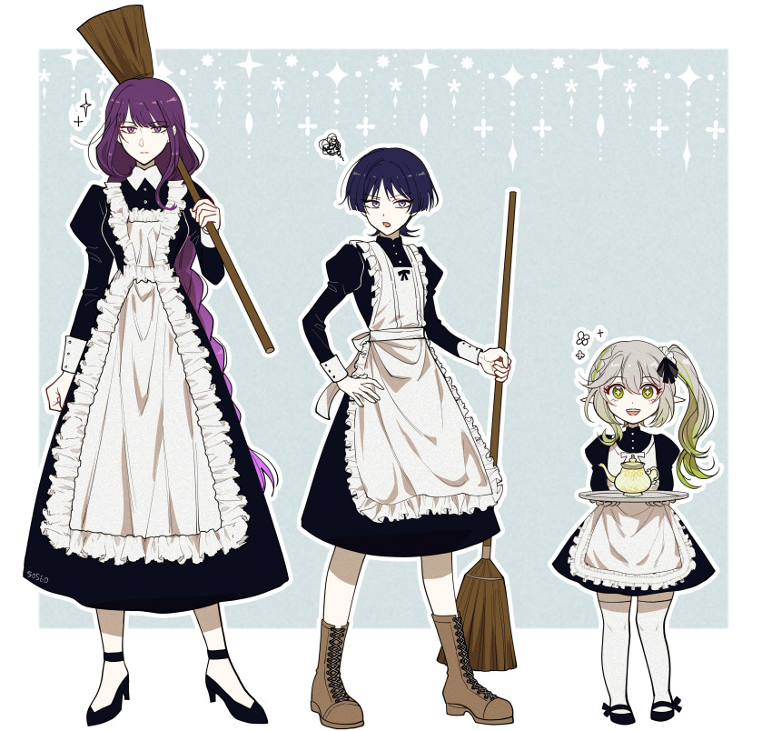 1boy 2girls absurdres alternate_costume apron artist_name back_bow black_bow black_dress black_footwear blue_background blue_hair blunt_ends blush border bow braid breasts broom brown_footwear buttons closed_mouth collared_dress cross-shaped_pupils crossdressing dark_blue_hair dress frills full_body genshin_impact green_eyes green_hair grey_hair hair_bow hand_on_own_hip hand_up high_heels highres holding holding_broom holding_tray juliet_sleeves kettle long_hair long_sleeves looking_at_viewer looking_to_the_side maid maid_headdress medium_breasts mole mole_under_eye multiple_girls nahida_(genshin_impact) no_headwear open_mouth outside_border pillosopi pointy_ears ponytail puffy_sleeves purple_eyes purple_hair raiden_shogun scaramouche_(genshin_impact) shoes short_hair side_ponytail simple_background smile socks sparkle standing symbol-shaped_pupils teeth thighhighs tray white_apron white_border white_bow white_socks white_thighhighs