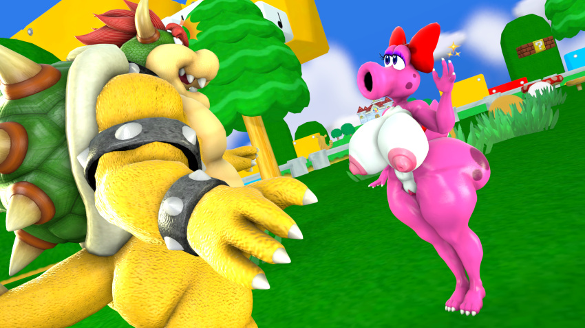 anthro areola big_breasts birdo birdo_(character) black_body bow_accessory bowser breasts butt claws clitoris cobaltapple collar detailed_background digital_media_(artwork) duo feet female genitals grass hi_res humanoid koopa male mammal mario_bros muscular nintendo nipples nude outside pink_body plant pussy reptile scalie spikes tail thick_thighs toe_claws tree