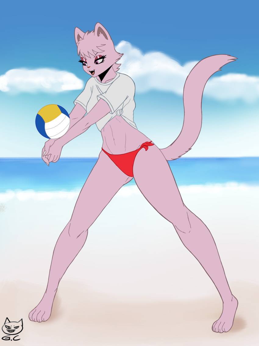 absurd_res anthro bagi_the_monster_of_mighty_nature ball beach felid feline female gomezcat hi_res mammal osamu_tezuka pinup pose sand seaside solo sport volleyball volleyball_(ball)