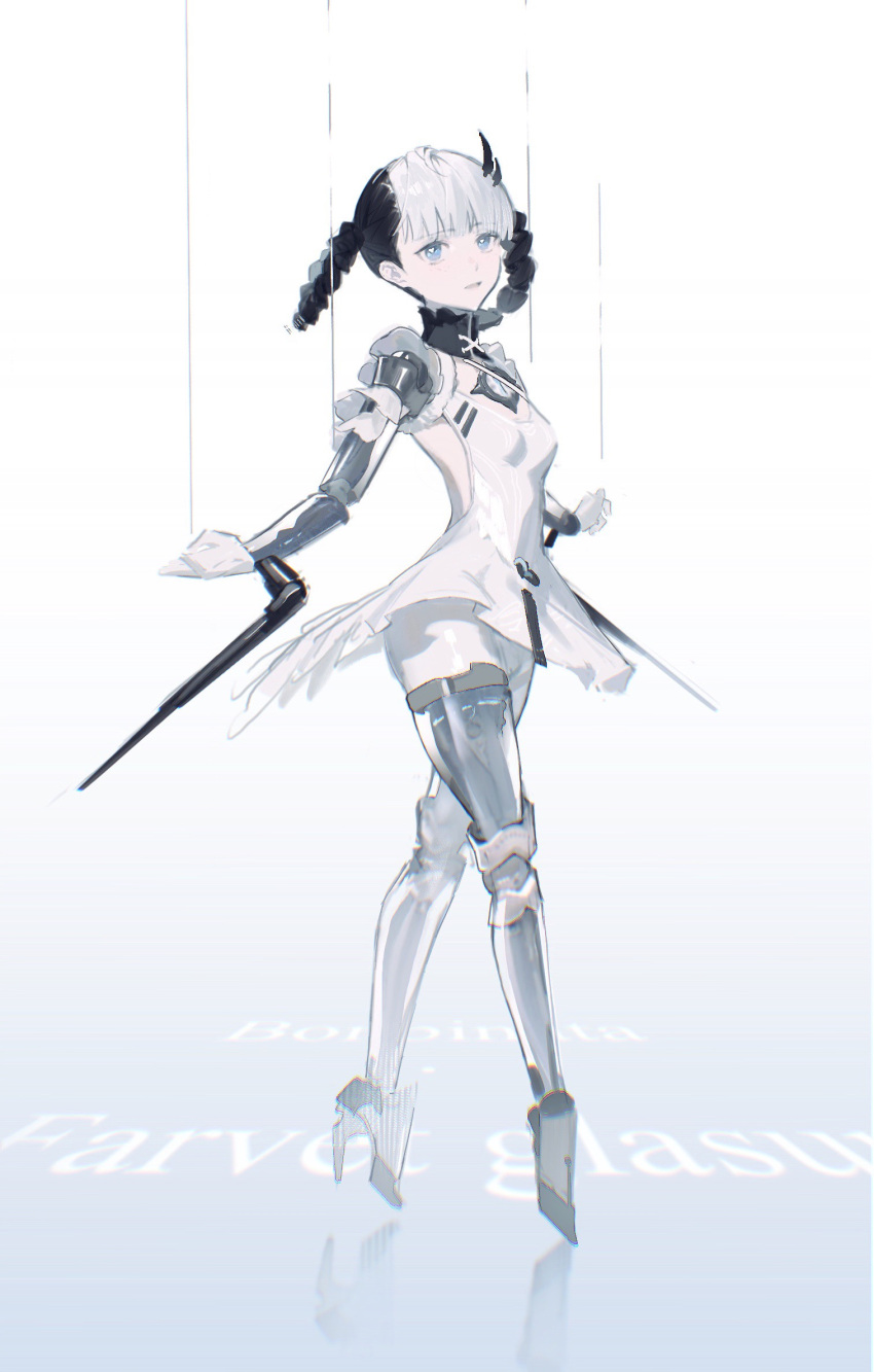 arm_blade athletic_leotard backless_dress backless_outfit ballet_dress bambinata:_vitrum_(swan_lake)_(punishing:_gray_raven) bambinata_(punishing:_gray_raven) black_collar black_hair blue_eyes blunt_bangs braided_hair_rings character_name collar commentary detached_collar dress english_commentary feather_hair_ornament feathers freckles full_body gradient_background hair_ornament heart heart-shaped_pupils highres leotard marionette mechanical_arms mechanical_legs mechanical_parts nane_ae official_alternate_costume petite punishing:_gray_raven puppet puppet_strings reflective_floor solo symbol-shaped_pupils weapon white_dress white_hair