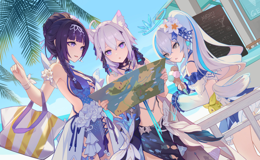 3girls :o absurdres ahoge ai_dongdong animal_ear_fluff animal_ears bag bare_shoulders blue_dress blue_hair blue_sky bronya_zaychik bronya_zaychik_(herrscher_of_truth) cat_ears chinese_commentary commentary commentary_request dress drill_hair flower food grey_eyes grey_hair hair_flower hair_ornament halo highres holding holding_bag holding_food honkai_(series) honkai_impact_3rd ice_cream kiana_kaslana kiana_kaslana_(herrscher_of_finality) long_hair map multiple_girls official_alternate_costume open_mouth outdoors palm_tree ponytail purple_eyes purple_hair raiden_mei raiden_mei_(herrscher_of_origin) second-party_source short_hair sky smile swimsuit tree white_flower