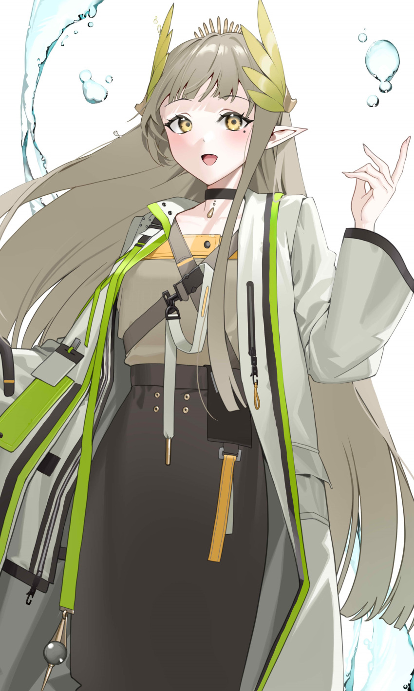 1girl :d absurdres arknights black_choker black_skirt blush breasts brown_eyes choker collarbone grey_hair grey_shirt hand_up highres hydrokinesis jacket long_sleeves looking_at_viewer mole mole_under_eye muelsyse_(arknights) open_clothes open_jacket pointy_ears raitho shirt simple_background skirt small_breasts smile solo water white_background white_jacket wide_sleeves