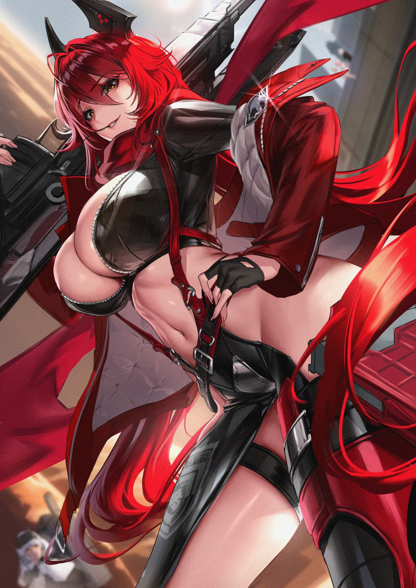 1girl anti-materiel_rifle black_gloves blurry breasts bullpup chaps cian_yo cleavage crop_top cropped_jacket depth_of_field fingerless_gloves gloves goddess_of_victory:_nikke gun hair_between_eyes hand_on_own_hip headgear highres holding holding_weapon jacket large_breasts long_hair midriff mouth_hold multiple_girls navel orange_eyes red_hair red_hood_(nikke) red_jacket red_scarf rifle scarf sniper_rifle solo solo_focus very_long_hair weapon white_hair zipper
