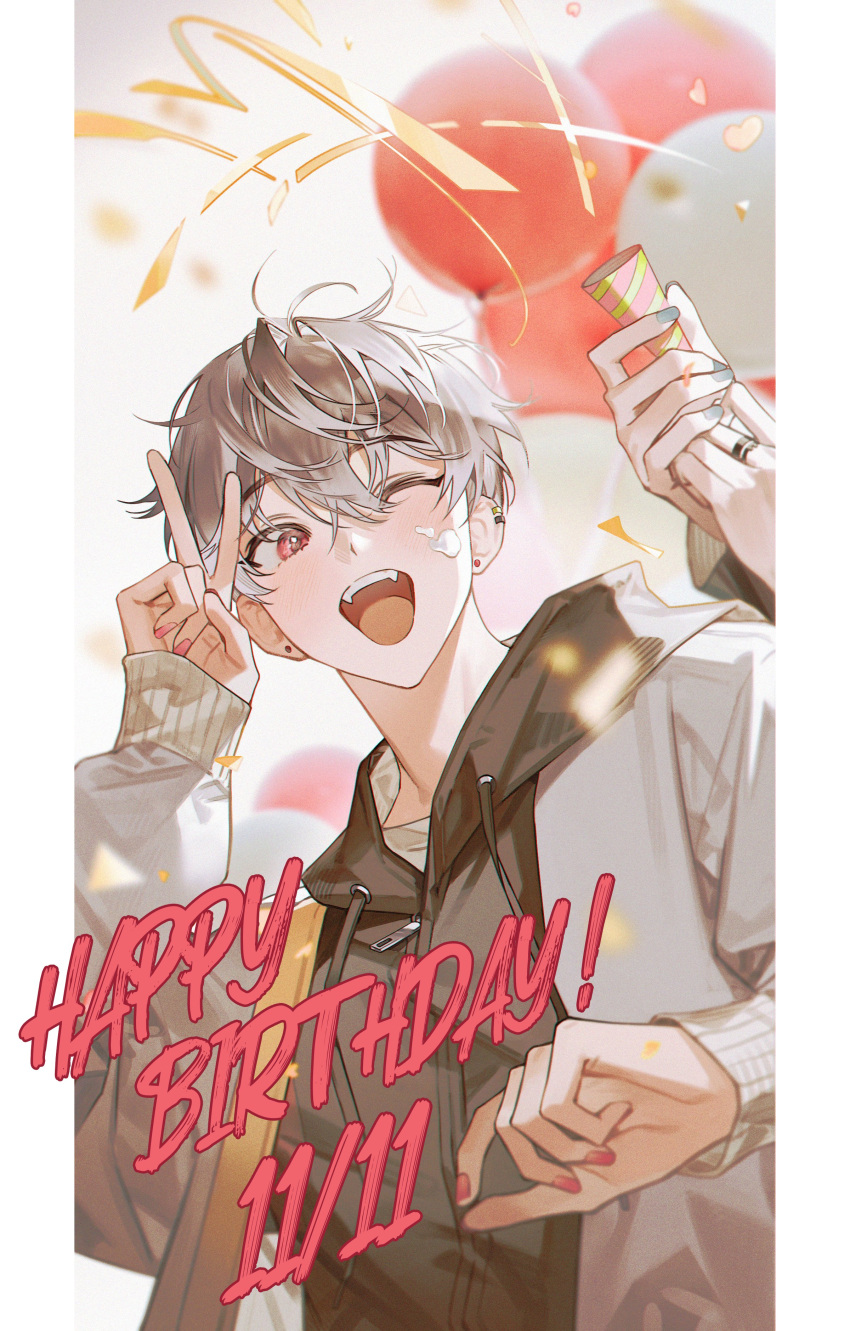 1boy absurdres antenna_hair black_hair blinking blurry commentary_request confetti cream cream_on_face crossed_bangs depth_of_field ear_piercing earrings food food_on_face grin happy_birthday highres idolish7 jewelry korean_commentary long_sleeves looking_at_viewer male_focus momo_(idolish7) multicolored_hair one_eye_closed open_mouth out_of_frame piercing pink_nails pov pov_hands red_eyes ring smile stud_earrings two-tone_hair upper_body v yanu_0000