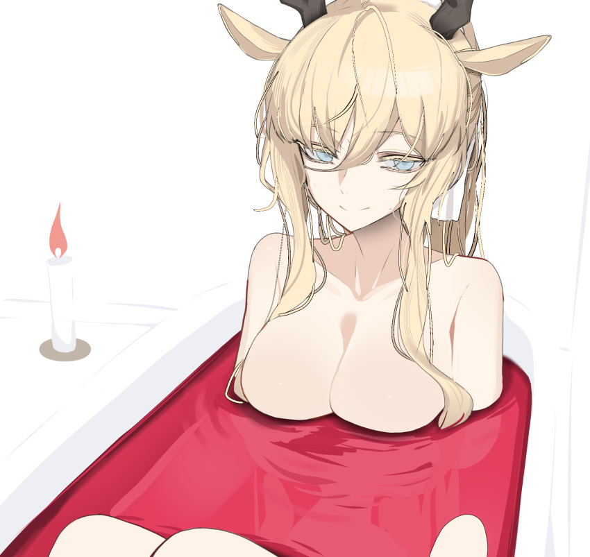 1girl alcohol animal_ears arknights bathing bathtub blonde_hair blue_eyes breasts candle cleavage closed_mouth collarbone commentary_request completely_nude deer_antlers deer_ears deer_girl fire flame hair_between_eyes highres knees_up large_breasts long_hair looking_away looking_down nude partially_submerged ponytail sidelocks signal_1120 simple_background sitting smile solo viviana_(arknights) white_background wine