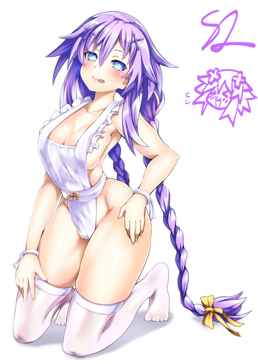1girl apron blue_eyes braid breasts full_body hair_ornament highres kneeling kurozero long_hair medium_breasts naked_apron neptune_(series) no_shoes power_symbol purple_hair purple_heart skindentation smile solo symbol-shaped_pupils thighhighs twin_braids twintails very_long_hair white_thighhighs