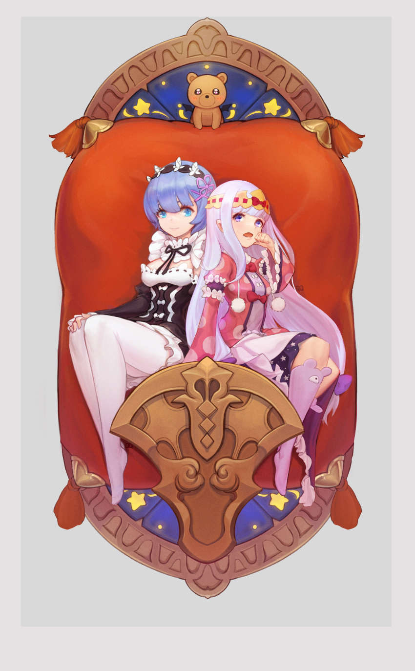 2girls :o absurdres animal_ear_legwear aurora_sya_lis_kaymin bear_band_legwear blue_eyes blue_hair bow breasts cleavage dress hand_on_own_knee headband highres long_hair long_sleeves maid maid_headdress maou-jou_de_oyasumi minase_iori multiple_girls pantyhose pillow pink_ribbon polka_dot polka_dot_dress pun purple_socks qqaqua1109 red_bow rem_(re:zero) ribbon short_hair simple_background sitting small_breasts socks star_(symbol) star_in_eye star_print symbol_in_eye teddy_demon very_long_hair voice_actor_connection white_hair white_pantyhose yellow_headband