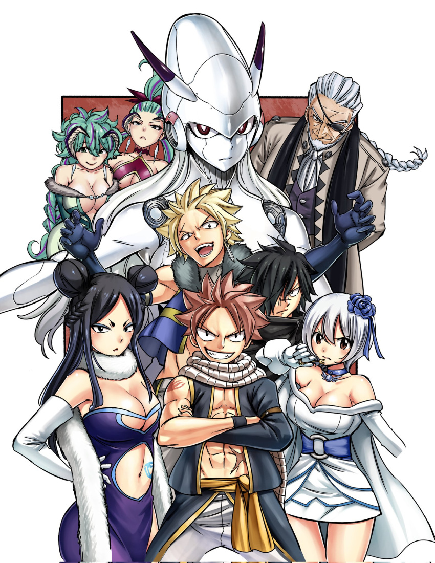 4boys 5girls abs athena_(fairy_tail) bare_shoulders beard black_hair black_jacket blonde_hair blue_choker blue_flower blue_gloves blue_tattoo braid braided_ponytail breasts center_opening choker cleavage clothing_cutout crossed_arms double_bun dress duke_barbaroa earrings elbow_gloves ennie_signario eyepatch eyeshadow facial_hair fairy_tail flower gloves green_hair grey_hair grin hair_bun hair_flower hair_ornament hand_on_own_hip highres jacket jewelry large_breasts long_hair looking_at_viewer luso_signario makeup minerva_orlando multiple_boys multiple_girls natsu_dragneel navel navel_cutout official_art open_clothes open_jacket open_mouth pants pink_hair pink_tattoo purple_dress rogue_cheney sash scarf short_dress short_hair shoulder_tattoo simple_background single_earring single_sleeve smile spiked_hair sting_eucliffe stomach_tattoo tattoo teeth white_background white_dress white_gloves white_hair white_pants white_scarf yellow_sash yukino_aguria