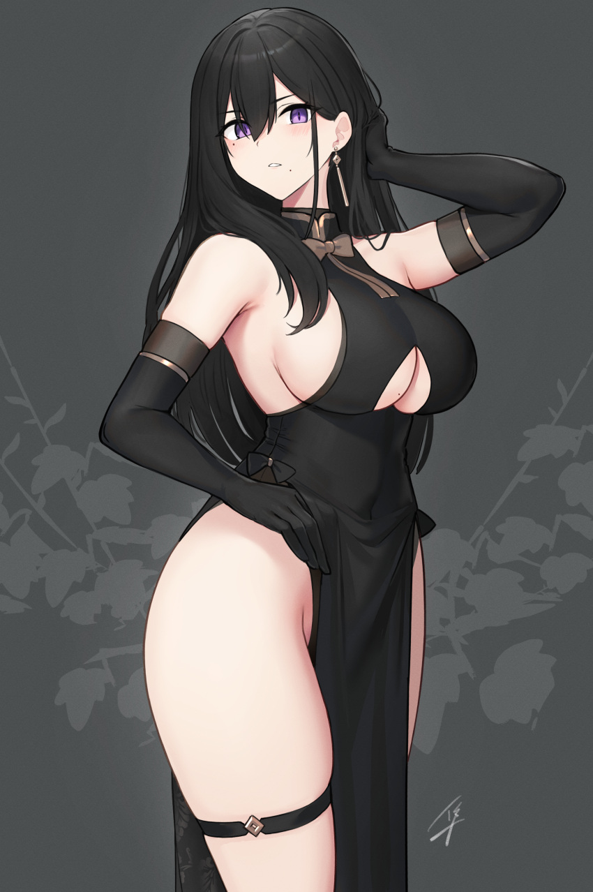 1girl absurdres bare_shoulders black_dress black_gloves black_hair blush breasts classy-black-haired_girl_(hayabusa) commentary_request dress earrings elbow_gloves floral_background gloves grey_background hand_on_own_head hand_up hayabusa highres jewelry large_breasts long_hair looking_at_viewer mole mole_on_breast mole_under_eye mole_under_mouth original parted_lips purple_eyes sideboob signature solo standing thigh_strap thighs