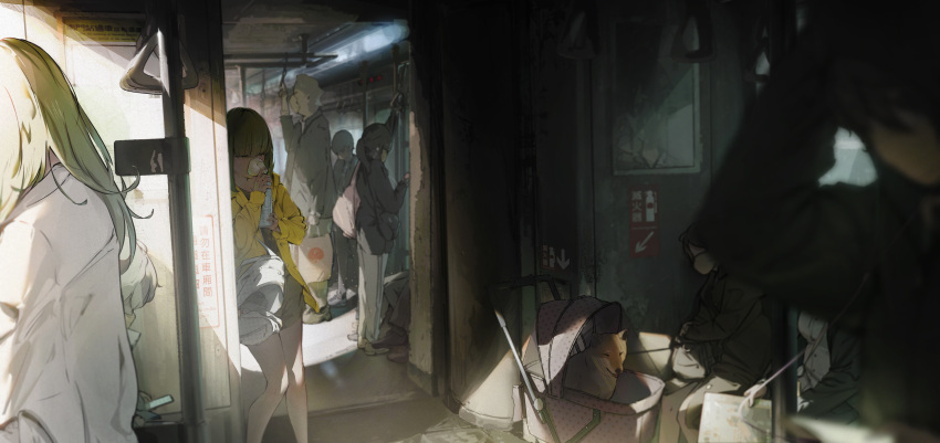 absurdres against_wall arient5888 baby_carrier backpack bag bare_legs blunt_bangs dirty dog green_eyes green_hair highres inhaler jacket leaning mask mouth_mask multiple_boys multiple_girls open_bag original short_shorts shorts standing train vehicle_interior yellow_jacket