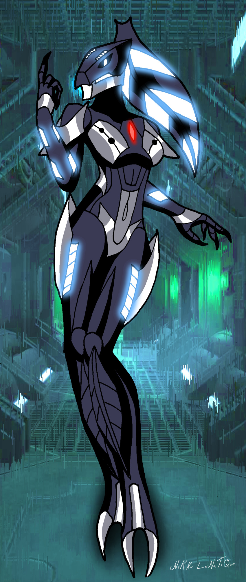 absurd_res anthro black_body black_hair blue_eyes claws female glowing glowing_eyes glowing_markings hair hi_res humanoid looking_at_viewer machine markings nikku_lunatique not_furry ponytail robot roodaka silver_body solo standing vortixx