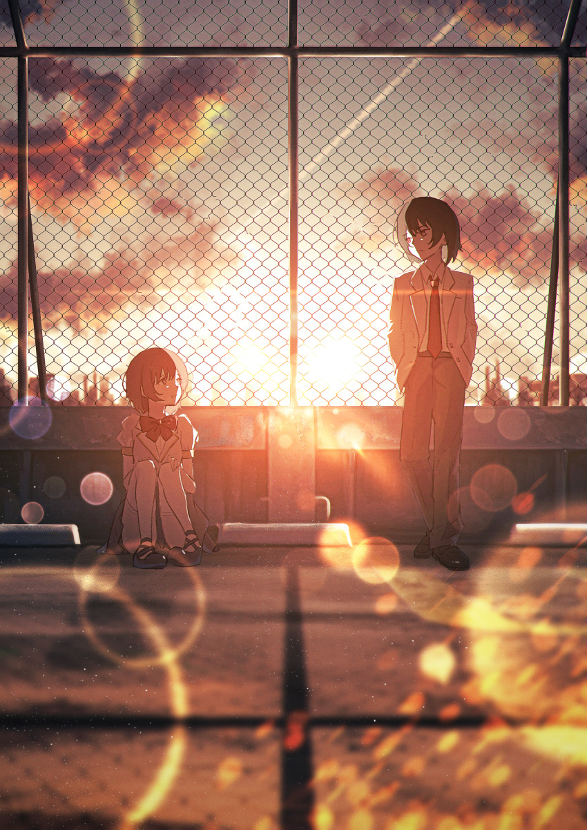 1boy 1girl absurdres against_fence black_footwear black_hair blazer bow bowtie brown_hair chain-link_fence cloud cloudy_sky contrail evening fence grey_jacket grey_pants hair_between_eyes hand_on_own_knee hands_in_pockets highres jacket knees_to_chest lens_flare long_sleeves looking_at_another necktie oka_kojiro open_clothes open_jacket original outdoors pants puffy_short_sleeves puffy_sleeves red_bow red_bowtie red_eyes red_necktie rooftop scenery shadow shirt short_hair short_sleeves sidelocks sitting sky standing sunset white_shirt
