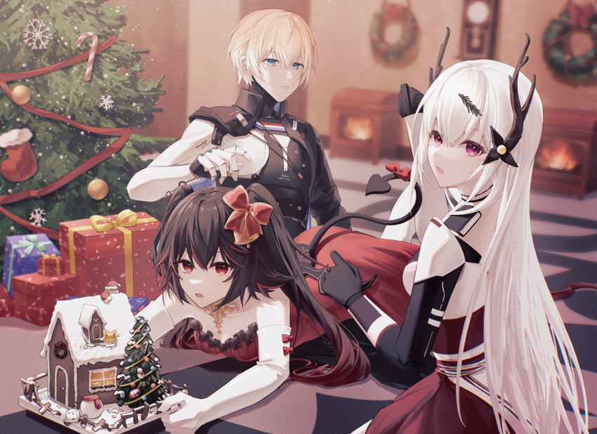 black_hair blue_eyes character_request check_character christmas_present christmas_tree demon_tail dress elbow_gloves flower gift gloves hair_flower hair_ornament hair_ribbon highres karenina_(punishing:_gray_raven) lee_(punishing:_gray_raven) long_hair lucia_(punishing:_gray_raven) mechanical_arms multicolored_hair punishing:_gray_raven red_dress red_eyes red_hair ribbon streaked_hair tail twintails white_gloves white_hair zhou_huan_(dgpe2833)