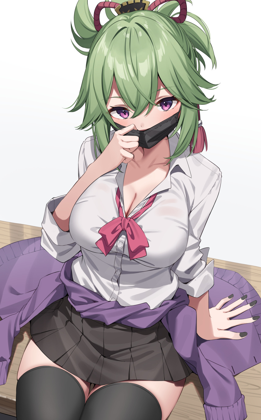 1girl absurdres alternate_costume black_mask black_nails black_thighhighs bow bowtie breasts cardigan cleavage clothes_around_waist collarbone genshin_impact green_hair highres kuki_shinobu large_breasts looking_at_viewer loose_bowtie mask miniskirt mouth_mask pleated_skirt purple_eyes purple_sweater red_bow red_bowtie school_uniform shirt sitting skirt solo suiroh_(shideoukami) sweater sweater_around_waist thighhighs thighs white_shirt zettai_ryouiki