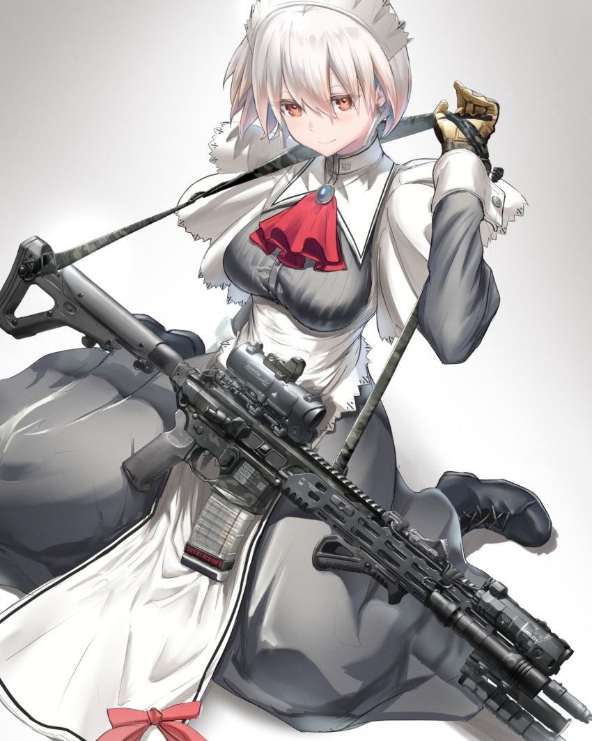 1girl 300_blackout apron assault_rifle bayonet breasts commission dress flashlight fn_minimi gloves grey_dress gun highres laser_sight maid optical_sight orange_eyes original rifle short_hair sitting skeb_commission smile solo utsucan weapon white_apron white_background white_hair yellow_gloves