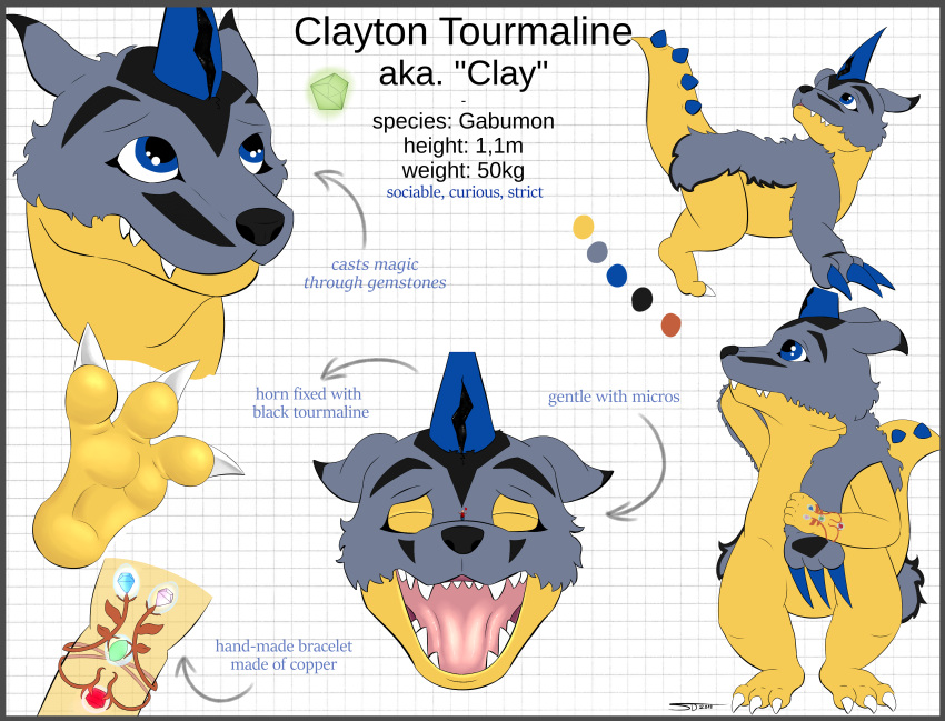 2018 3_toes absurd_res bandai_namco clayton_(suddendraft) digimon digimon_(species) digital_media_(artwork) english_text feet gabumon geometric_background grid_background hi_res male model_sheet open_mouth pattern_background simple_background suddendraft text toes