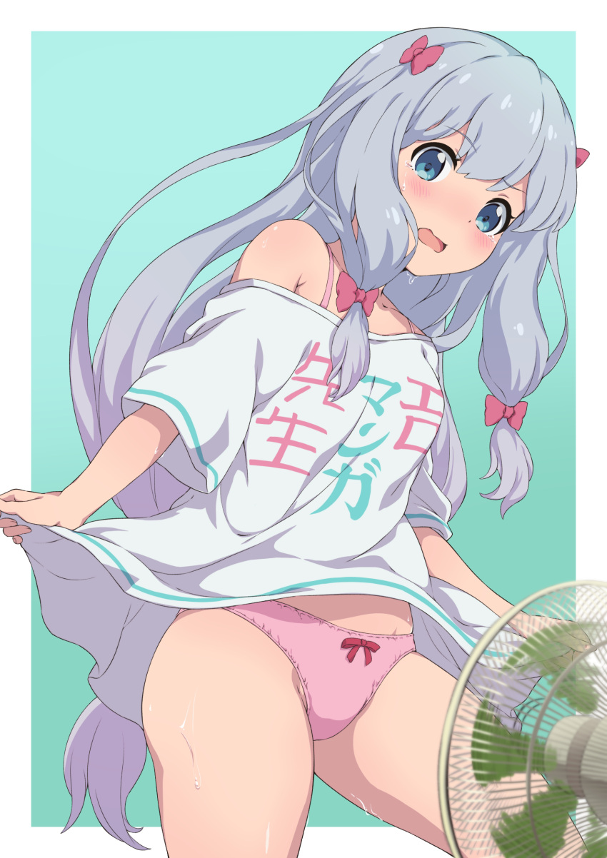 1girl absurdres blue_eyes blush bow clothes_writing collarbone cowboy_shot electric_fan eromanga_sensei grey_hair hair_bow highres izumi_sagiri long_hair misashi_(raichi821) open_mouth panties pink_bow pink_panties shirt short_sleeves solo underwear white_shirt