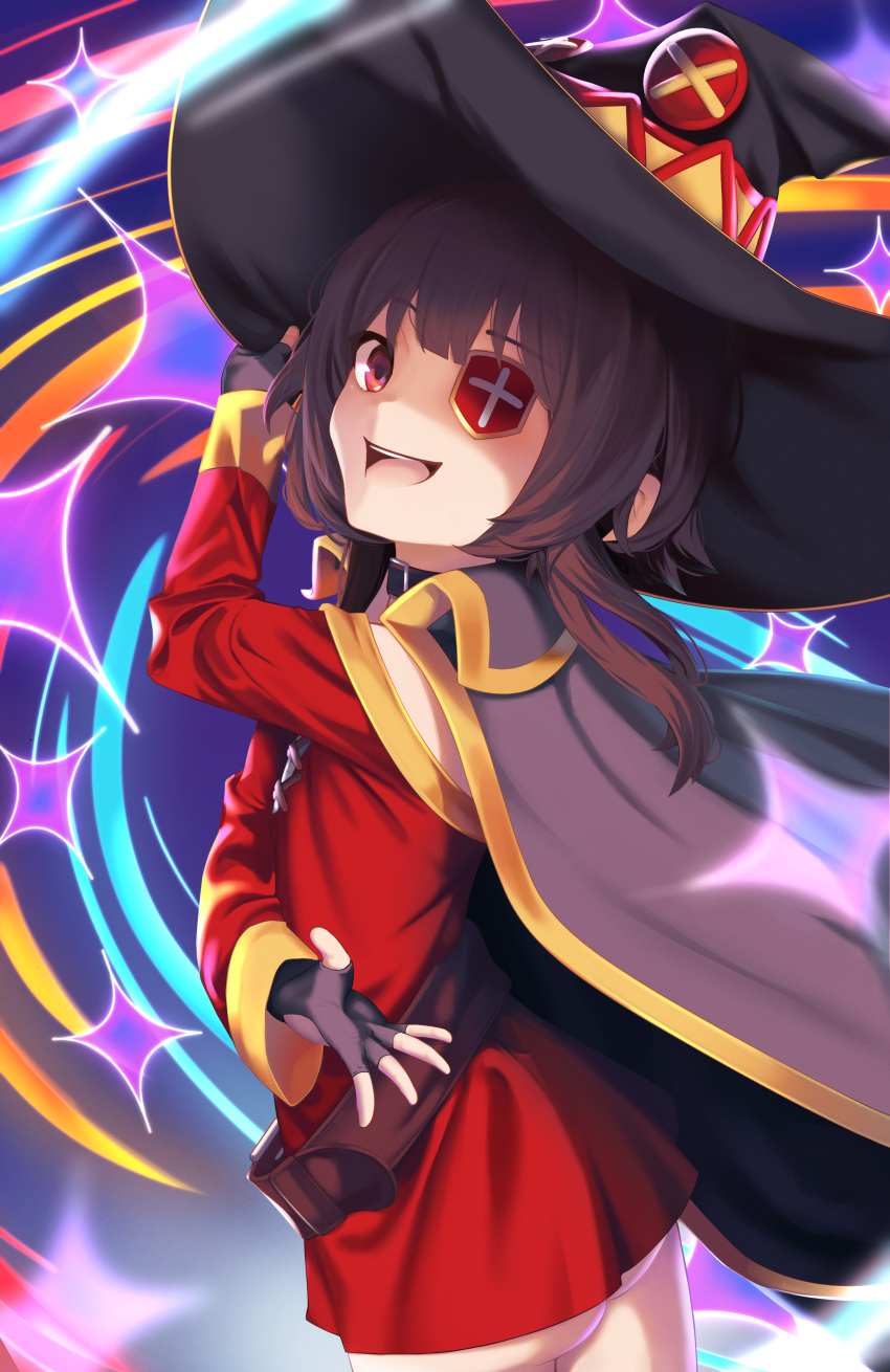 1girl absurdres ass belt black_cape breasts cape dress eyepatch fingerless_gloves gloves hat highres kono_subarashii_sekai_ni_shukufuku_wo! long_hair megumin off_shoulder open_mouth red_dress red_eyes small_breasts solo witch_hat yoomix