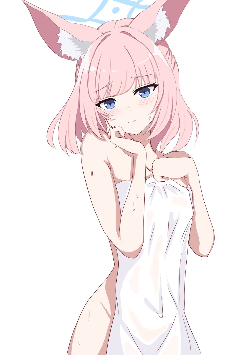 1girl absurdres animal_ears blue_archive blue_eyes blunt_bangs blush closed_mouth collarbone commentary halo highres kamitosayu looking_at_viewer naked_towel niko_(blue_archive) pink_hair simple_background solo sweat towel wet white_background