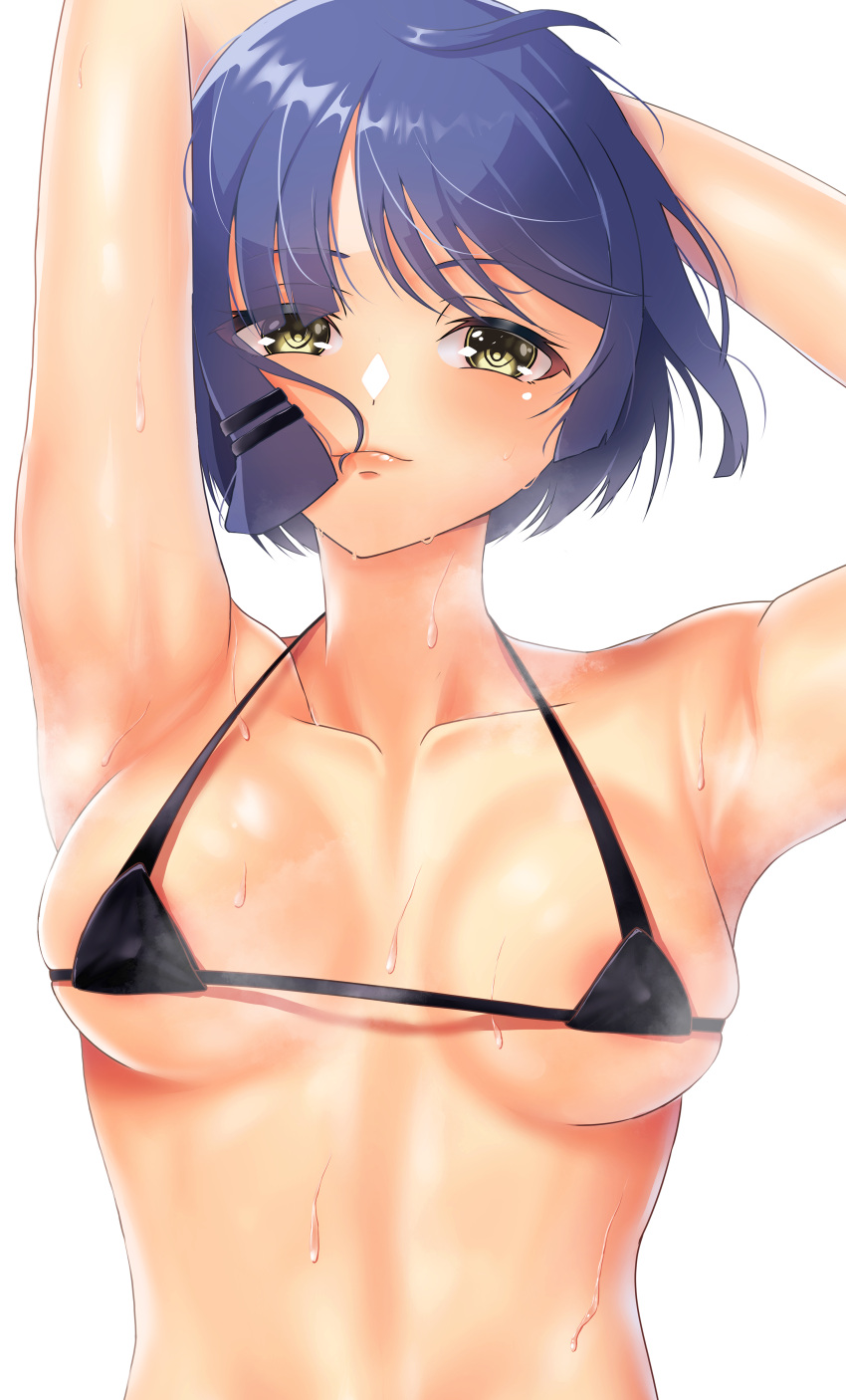 1girl absurdres armpits arms_behind_head arms_up bikini black_bikini blue_hair bocchi_the_rock! breasts collarbone covered_nipples floating_hair hair_ornament hairclip highres inuko_inudog lips looking_at_viewer medium_breasts micro_bikini presenting_armpit short_hair simple_background steam steaming_body sweat swimsuit upper_body white_background yamada_ryo yellow_eyes