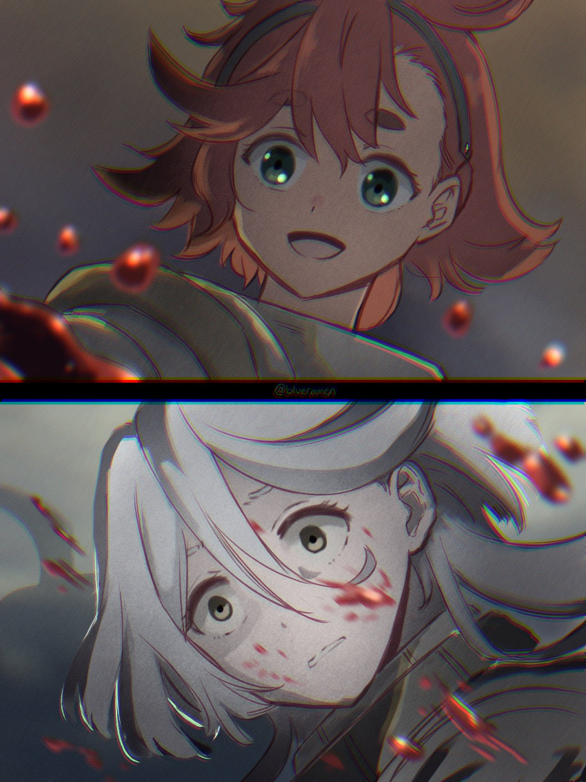 2girls blood blood_on_clothes blood_on_face blood_on_hands color_banding english_commentary green_eyes grey_eyes gundam gundam_suisei_no_majo highres long_hair miorine_rembran multiple_girls reaching_towards_another red_hair short_hair smile spoilers suletta_mercury surprised white_hair wide-eyed xin_(blueramen)
