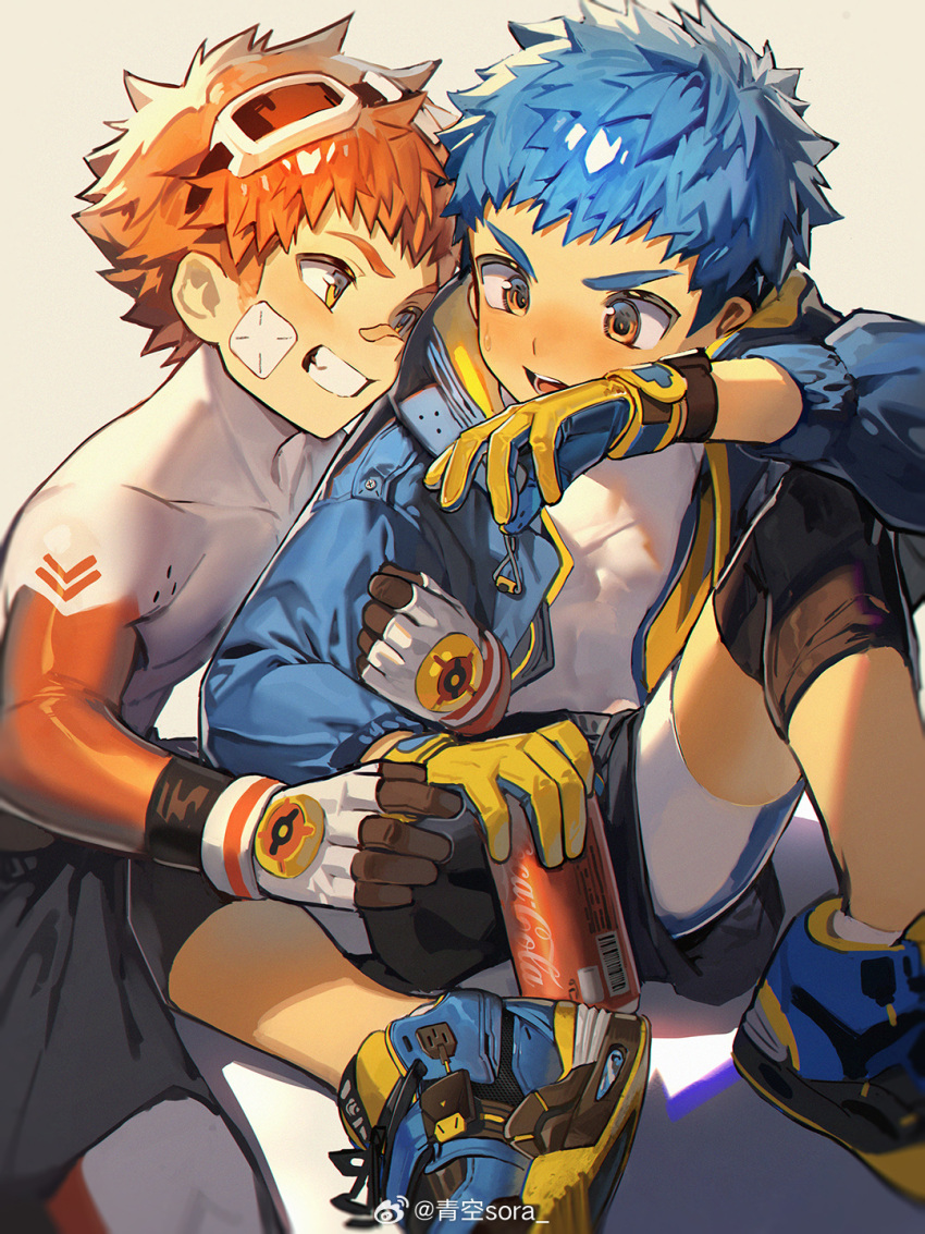2boys aozora_sora bandaid bandaid_on_cheek bandaid_on_face bandaid_on_nose bishounen blue_footwear blue_hair blue_jacket bodysuit coca-cola commentary_request gloves hand_on_another's_arm highres jacket male_focus multiple_boys original pantyhose red_hair shorts teeth white_background yaoi yellow_eyes