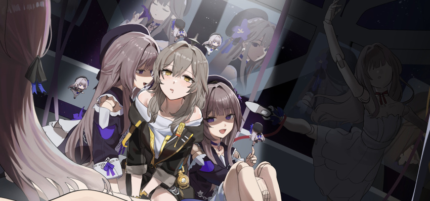 3girls absurdres black_coat brown_hair clone coat commentary_request doll_joints drooling empty_eyes figure grey_hair herta_(honkai:_star_rail) highres honkai:_star_rail honkai_(series) indoors jiki_(gkdlfnzo1245) joints korean_commentary leaning_on_person long_hair mannequin multiple_girls open_mouth portrait_(object) purple_eyes shirt stelle_(honkai:_star_rail) trailblazer_(honkai:_star_rail) white_shirt