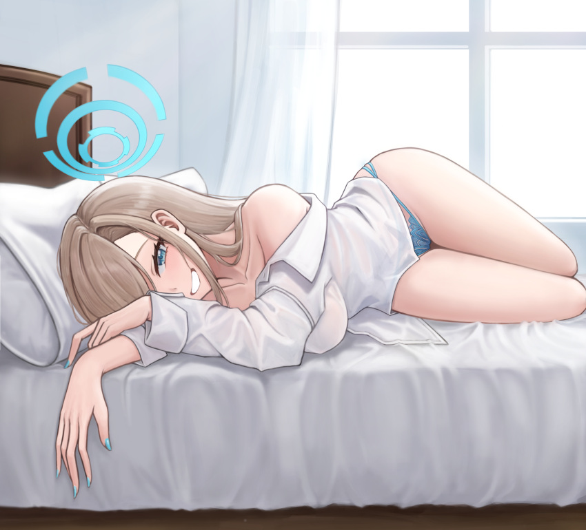 1girl absurdres aqua_panties asuna_(blue_archive) bed blue_archive blue_panties blush breasts collarbone fingernails grin hair_over_one_eye halo highres ilbanseomin indoors large_breasts light_brown_hair looking_at_viewer lying nail_polish on_bed on_side one_eye_covered panties revision shirt smile solo teeth underwear white_shirt window