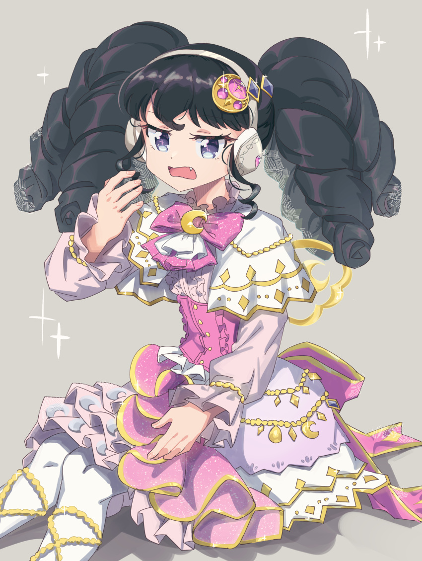 1girl absurdres anisakisu black_hair blue_eyes bow capelet commentary_request crescent dress fang feet_out_of_frame frilled_dress frills gaaruru_(pripara) gold_trim grey_background hand_up headphones highres idol_clothes long_hair long_sleeves looking_at_viewer open_mouth pink_bow pretty_series pripara sidelocks solo twintails white_capelet white_dress
