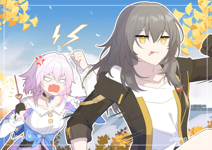 2girls :p absurdres anger_vein angry bite_mark black_choker black_corset black_gloves black_jacket blue_eyes blue_jacket breasts buttons chinese_commentary choker collarbone commentary_request corn_dog corset fleeing flower_ornament food food_on_face gloves grey_hair highres holding holding_food honkai:_star_rail honkai_(series) jacket leaf lightning_bolt_symbol march_7th_(honkai:_star_rail) medium_breasts medium_hair multiple_girls notice_lines partially_fingerless_gloves pink_eyes pink_hair sample_watermark shirt single_glove sky sleeves_rolled_up stelle_(honkai:_star_rail) tongue tongue_out trailblazer_(honkai:_star_rail) two-tone_eyes upper_body white_shirt yellow_eyes zhuyin176