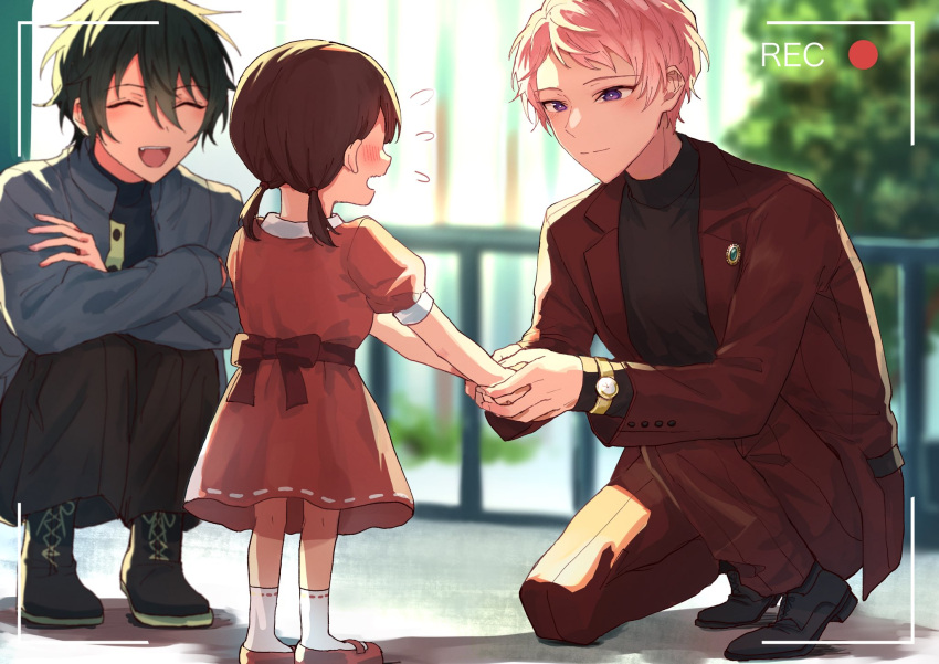 1girl 2boys black_footwear bow brown_hair buttons closed_eyes closed_mouth commentary_request ensemble_stars! female_child full_body green_hair hair_between_eyes highres holding_hands itsuki_shu jacket kagehira_mika lapels long_sleeves multiple_boys open_clothes open_jacket open_mouth pink_hair purple_eyes recording red_circle shoelaces short_hair short_sleeves short_twintails socks squatting standing teeth turtleneck twintails upper_teeth_only valkyrie_(ensemble_stars!) viewfinder watch wednesday_108 white_socks wristwatch