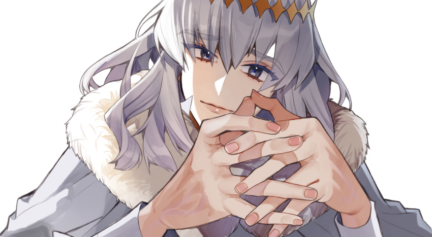 1boy black_eyes cloak closed_mouth diamond_hairband eyelashes fate/grand_order fate_(series) fingernails fur-trimmed_cloak fur_trim grey_cloak grey_hair hair_between_eyes highres interlocked_fingers kujiraoka long_sleeves looking_at_viewer male_focus medium_hair oberon_(fate) simple_background upper_body white_background