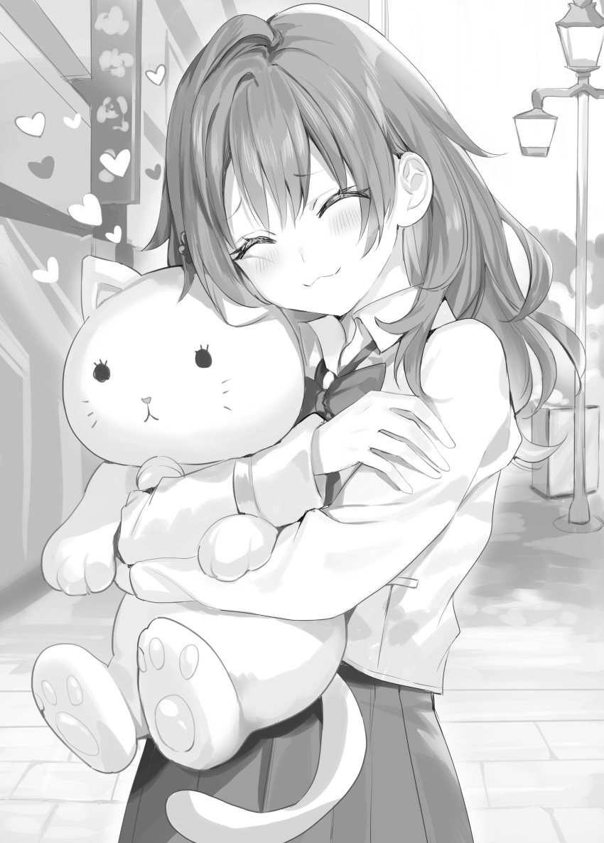 1girl :3 absurdres bell blazer blush breasts building closed_eyes closed_mouth collared_jacket collared_shirt crossed_arms dress face_hug floor greyscale hair_over_shoulder hand_on_own_arm happy head_tilt heart heart_background highres hug jacket jingle_bell lamp lamppost long_hair long_sleeves loose_neck_ribbon mariya_mikhailovna_kujou medium_breasts momoko_(momopoco) monochrome neck_ribbon novel_illustration object_hug official_art open_clothes open_jacket outdoors pleated_dress pleated_shirt pleated_sleeves ribbon road school_uniform shirt smile solo street stuffed_animal stuffed_cat stuffed_toy tokidoki_bosotto_roshia-go_de_dereru_tonari_no_arya-san