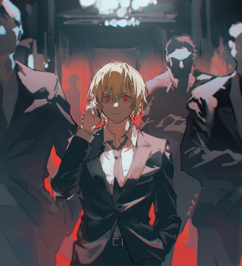 1boy belt black_belt black_jacket black_necktie black_pants black_suit blonde_hair calling closed_mouth collared_shirt cowboy_shot dated elevator formal hair_between_eyes hand_in_pocket highres holding holding_phone hunter_x_hunter indoors jacket jewelry kurapika lamp male_focus mei_ren necktie pants people phone red_eyes ring serious shirt short_hair solo_focus standing suit white_shirt