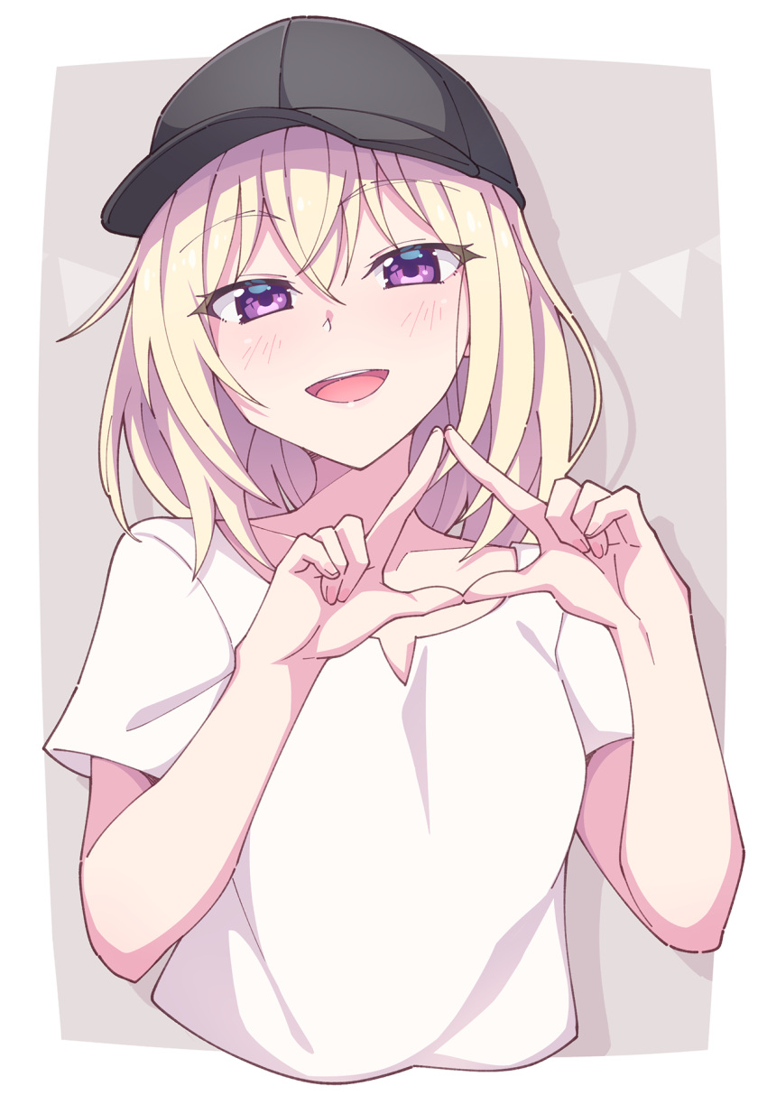 1girl :d bang_dream! bang_dream!_it's_mygo!!!!! baseball_cap black_headwear blonde_hair blush breasts collarbone cropped_torso e20 grey_background hair_between_eyes hands_up hat highres looking_at_viewer misumi_uika pennant purple_eyes shirt short_sleeves small_breasts smile solo string_of_flags teeth two-tone_background upper_body upper_teeth_only white_background white_shirt
