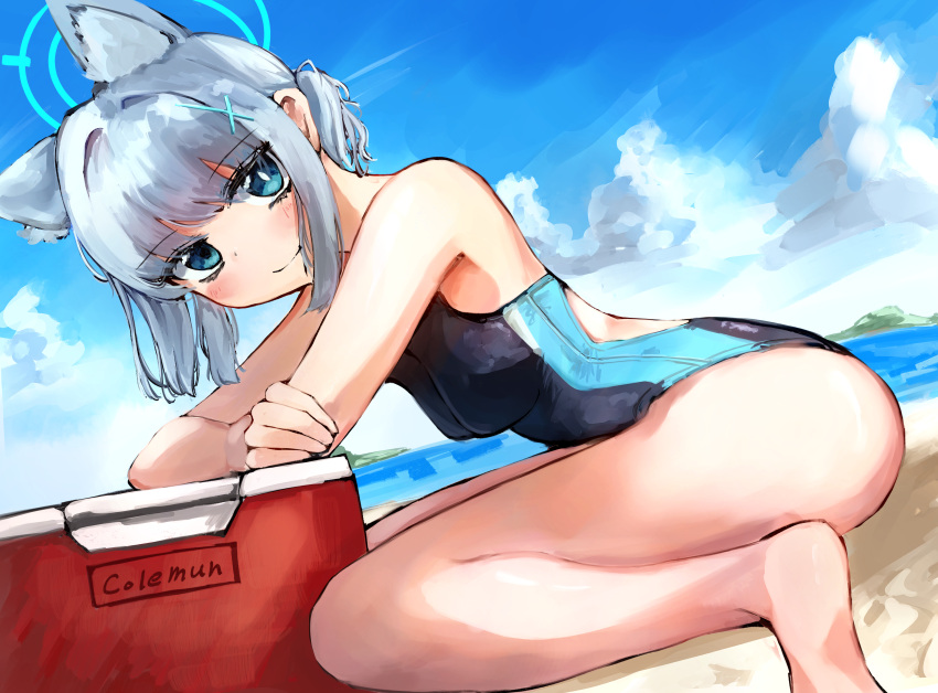1girl absurdres animal_ear_fluff animal_ears barefoot beach black_one-piece_swimsuit blue_archive blue_eyes blue_sky brand_name_imitation breasts cloud competition_swimsuit cooler cross_hair_ornament day extra_ears futakaze_(yrmv7377) grey_hair hair_ornament halo highres horizon low_ponytail medium_breasts medium_hair mismatched_pupils multicolored_clothes multicolored_swimsuit ocean official_alternate_costume one-piece_swimsuit outdoors shiroko_(blue_archive) shiroko_(swimsuit)_(blue_archive) sky solo swimsuit wolf_ears