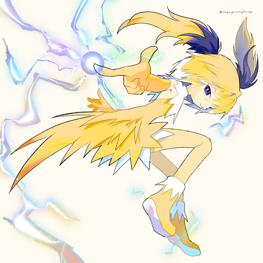 1girl blonde_hair blue_eyes blue_hair boots closed_mouth colored_inner_hair dress electricity electrokinesis full_body gloves highres long_hair looking_at_viewer multicolored_hair myu_(3u_gumi) original pointing shoes smile solo twintails white_background yellow_dress yellow_footwear yellow_gloves