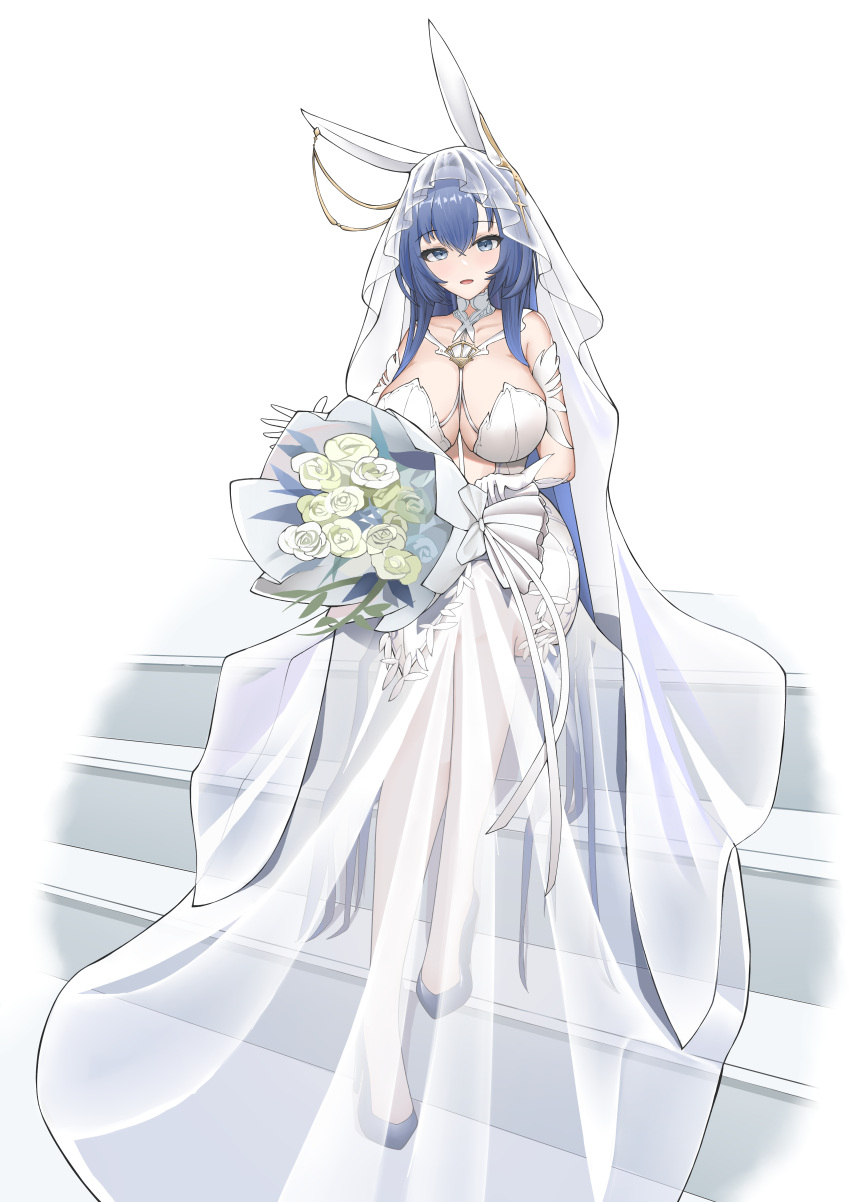 1girl absurdres animal_ears azur_lane blue_hair bouquet breasts cleavage dress flower gloves highres holding holding_bouquet large_breasts long_hair looking_at_viewer new_jersey_(azur_lane) new_jersey_(snow-white_ceremony)_(azur_lane) official_alternate_costume rabbit_ears rose see-through see-through_skirt sitting skirt wedding_dress white_flower white_rose xinsaki