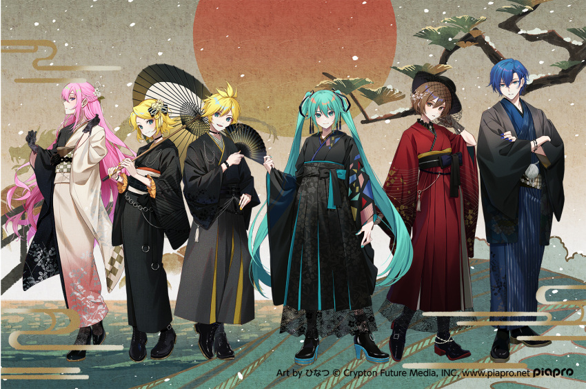 2boys 4girls abstract_background adjusting_hair ankle_boots aqua_bow aqua_eyes aqua_hair aqua_nails bare_tree belt black_belt black_bow black_choker black_footwear black_gloves black_hakama black_headwear black_kimono black_ribbon black_robe black_socks blonde_hair blue_eyes blue_hair blue_kimono blue_nails boots bow bracelet braid branch brooch brown_background brown_eyes brown_hair bush checkered_clothes checkered_kimono checkered_sash choker clenched_hands closed_mouth colored_shoe_soles commentary_request cross-laced_footwear crossed_arms crypton_future_media dark_blue_hair diagonal_stripes diamond_(shape) diamond_print dress_shoes egasumi fashion fingernails floral_print flower folding_fan french_braid frilled_sleeves frills full_body gloves gold_trim gradient_kimono grass green_eyes grey_hakama hair_behind_ear hair_between_eyes hair_flower hair_ornament hair_ribbon hairclip hakama hakama_skirt half-closed_eyes hand_fan hand_on_own_hip hand_up hands_up hat hatsune_miku head_tilt high_heels highres hill hinatsu holding holding_fan holding_umbrella japanese_clothes jewelry kagamine_len kagamine_rin kaito_(vocaloid) kimono lace lace-up_boots lace_gloves lace_socks lace_trim leaf leaf_hair_ornament leaf_print lineup long_hair looking_at_viewer megurine_luka meiko_(vocaloid) multicolored_clothes multicolored_kimono multiple_boys multiple_girls o-ring o-ring_belt o-ring_choker obi official_art oil-paper_umbrella parted_bangs parted_lips piapro pink_hair pink_kimono platform_boots platform_footwear pom_pom_(clothes) print_kimono profile pumps red_hakama red_kimono red_sun ribbon robe sash serious shoes short_hair sidelocks sideways_glance simple_background skirt smile snow snowing socks standing striped striped_kimono striped_ribbon sun tassel tassel_hair_ornament tree triangle_print triple_horizontal_stripe twintails two-tone_kimono umbrella veil vertical-striped_kimono vertical_stripes very_long_hair vocaloid waist_bow wavy_hair white_flower white_kimono white_sash yellow_flower yellow_nails yukata