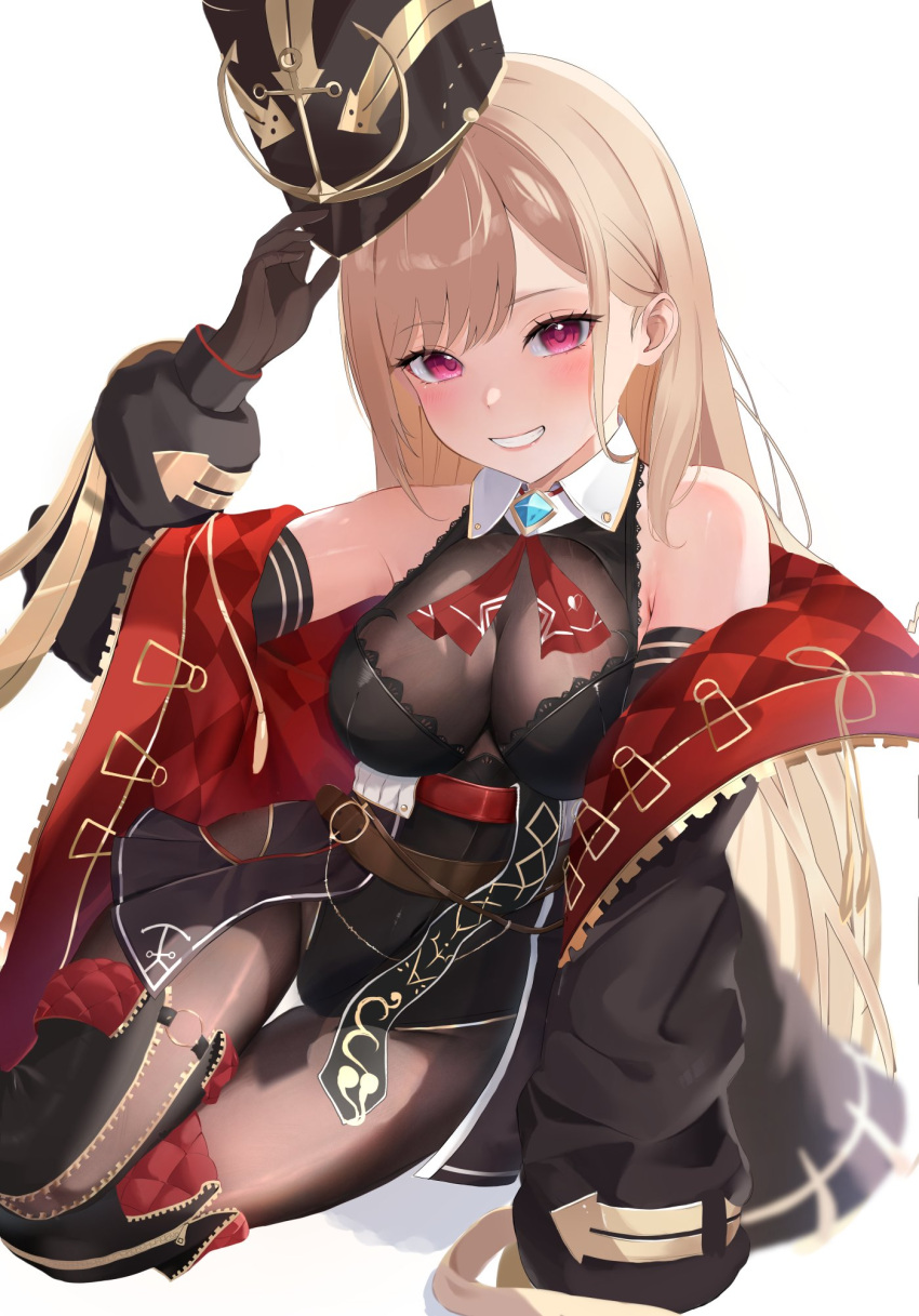 1girl adjusting_clothes adjusting_headwear arm_support black_headwear black_jacket black_leotard black_skirt blonde_hair blush bodystocking bodystocking_under_clothes boots breasts gold_trim grin hand_up hat high-waist_skirt high_heel_boots high_heels highres hololive houshou_marine houshou_marine_(5th_costume) jacket kitagawa_marin lace-trimmed_leotard lace_trim leotard long_hair looking_at_viewer lying medium_breasts nakaniwa_(sugooi_usagi) official_alternate_costume on_side red_eyes red_jacket see-through_cleavage shako_cap showgirl_skirt simple_background skirt smile solo sono_bisque_doll_wa_koi_wo_suru strapless strapless_leotard swept_bangs thigh_boots thigh_gap two-sided_fabric two-sided_jacket underbust white_background