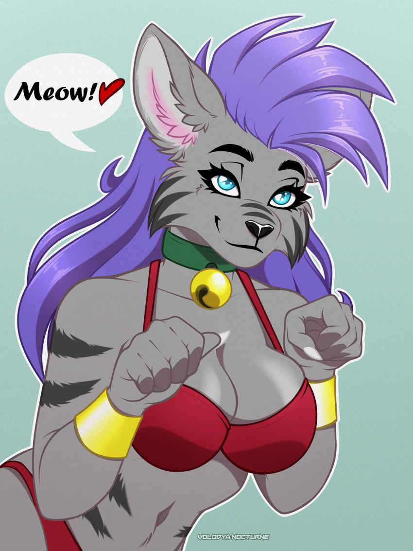 &lt;3 anthro bell big_breasts bikini blue_eyes bra bracelet breasts choker clothing collar domestic_cat felid feline felis female fur grey_body grey_fur hair heart_nose hi_res jewelry jingle_bell long_hair mammal meowing navel necklace nya_pose purple_hair smile solo speech_bubble stripes swimwear underwear volodyanocturne whiskers