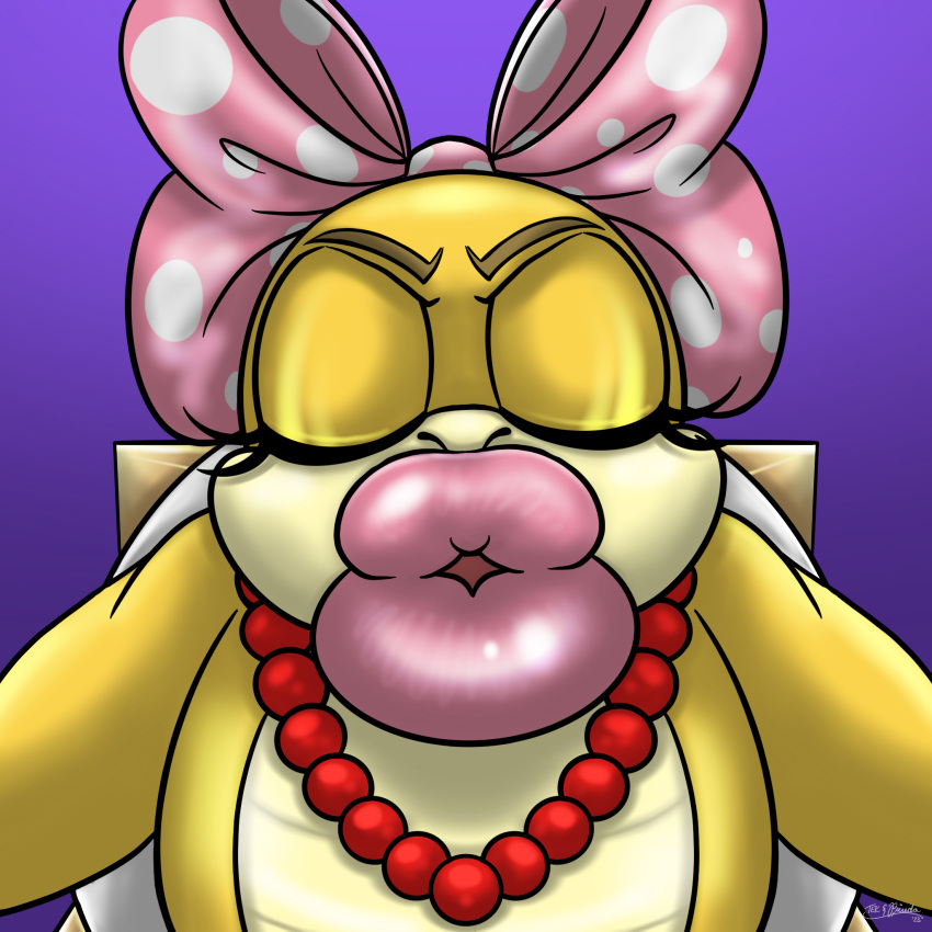 anthro bow_(feature) bow_accessory bow_ribbon digital_media_(artwork) female first_person_view hi_res incoming_kiss kissing kissing_pov kissy_face koopa koopaling lipstick makeup mario_bros nintendo puckered_lips scalie simple_background solo tekandprieda_(artist) wendy_o._koopa
