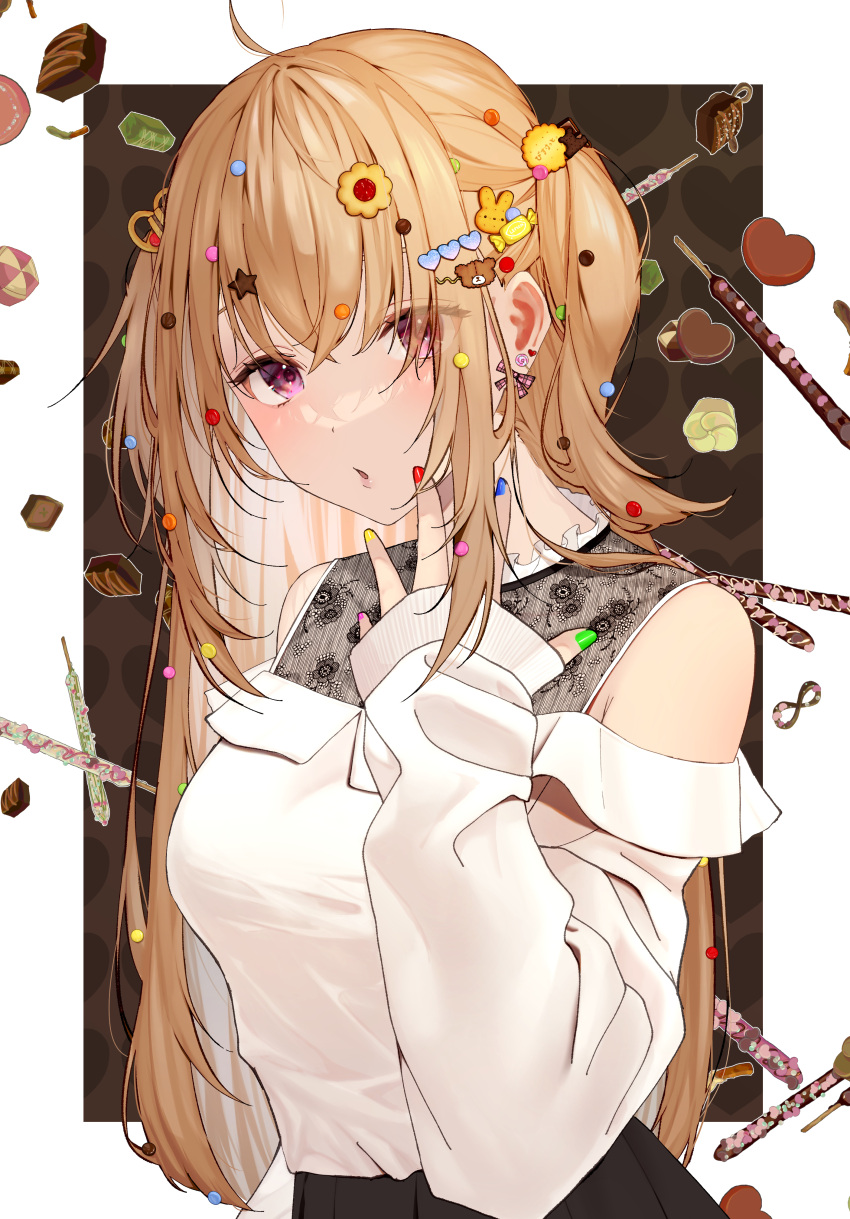 1girl absurdres black_skirt border breasts brown_background brown_hair candy candy_hair_ornament chocolate earrings food food-themed_hair_ornament frills hair_ornament heart heart-shaped_chocolate heart_background highres jewelry kome_ko long_hair long_sleeves looking_at_viewer medium_breasts nail_polish off-shoulder_shirt off_shoulder open_mouth original pleated_skirt purple_eyes shirt skirt sleeves_past_wrists solo two_side_up undershirt upper_body valentine white_border white_shirt
