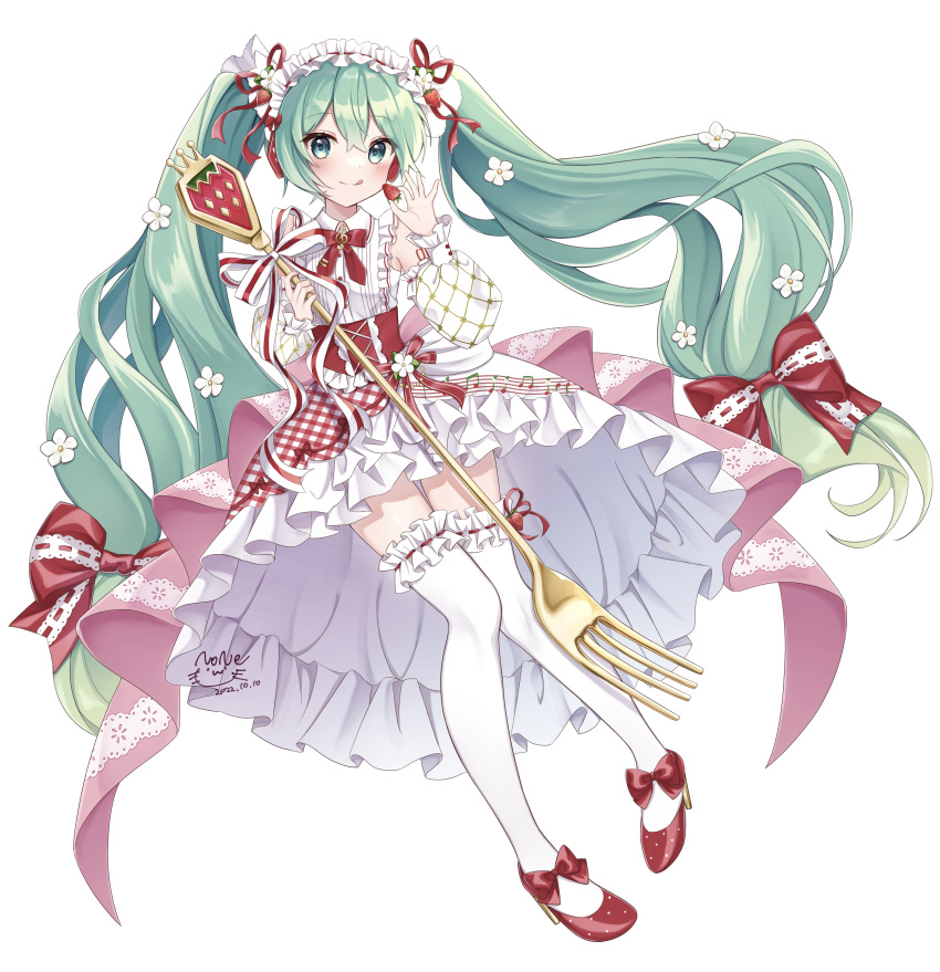 1girl :p absurdres blush bonnet collared_shirt dated dot_nose flower food food-themed_hair_ornament fork frilled_shirt frilled_skirt frilled_thighhighs frills fruit full_body green_eyes green_hair hair_between_eyes hair_flower hair_ornament hair_ribbon hatsune_miku highres holding holding_food holding_fork holding_fruit long_hair looking_at_viewer noneon319 number_tattoo open_hand oversized_object raised_eyebrows red_ribbon ribbon shirt sidelocks signature skirt sleeveless sleeveless_shirt smile solo strawberry strawberry_hair_ornament strawberry_miku_(morikura) tattoo thighhighs tongue tongue_out twintails very_long_hair vocaloid white_flower white_headwear white_shirt white_skirt white_thighhighs