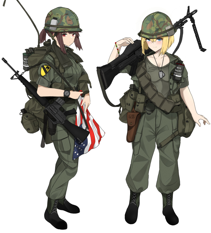 2girls absurdres american_flag assault_rifle backpack bag blonde_hair blue_eyes boots bracelet brown_hair camouflage canteen dog_tags fte_(fifteen_199) gun handgun highres jacket jewelry looking_at_viewer m16 m16a1 m60 multiple_girls open_clothes open_jacket original over_shoulder radio radio_antenna red_eyes rifle smoke_grenade soldier uniform united_states_army watch weapon weapon_over_shoulder white_background