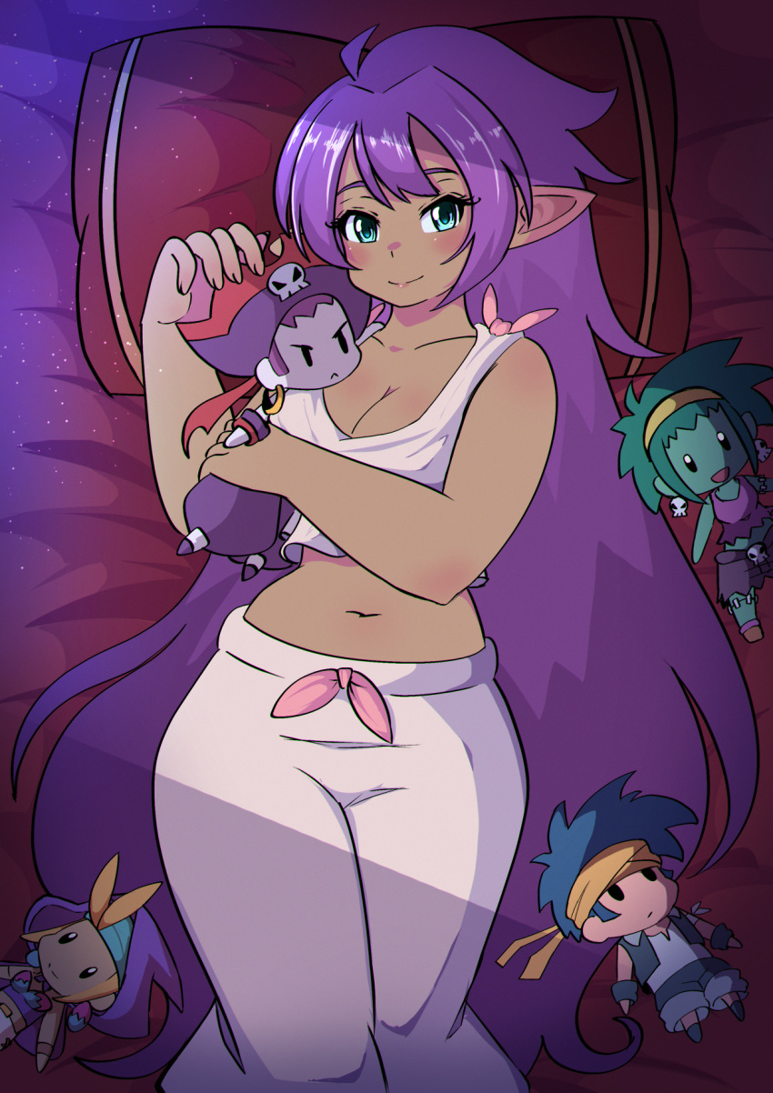 2020 bed blue_eyes bolo_(shantae) breasts brown_body brown_skin cleavage clothed clothing ear_piercing ear_ring female furniture genie hair hi_res humanoid humanoid_pointy_ears long_hair navel ninelean not_furry pajamas piercing pillow plushie purple_hair ring_piercing risky_boots rottytops shantae shantae_(series) sky_(shantae) smile solo wayforward