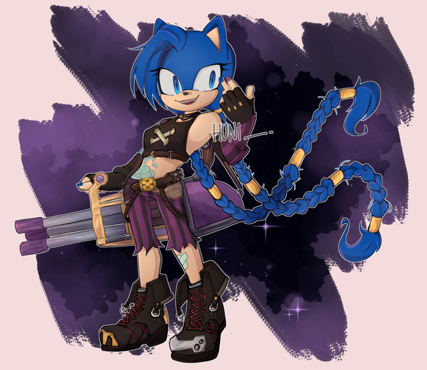 2021 absurd_res alternate_species anthro band-aid bandage blue_hair braided_hair clothing crossover eulipotyphlan female fingerless_gloves footwear furrification gloves h_huniii hair handwear hedgehog hi_res jinx_(lol) league_of_legends light_body light_skin long_hair mammal open_mouth open_smile riot_games sega shoes signature smile solo sonic_the_hedgehog_(series) tattoo