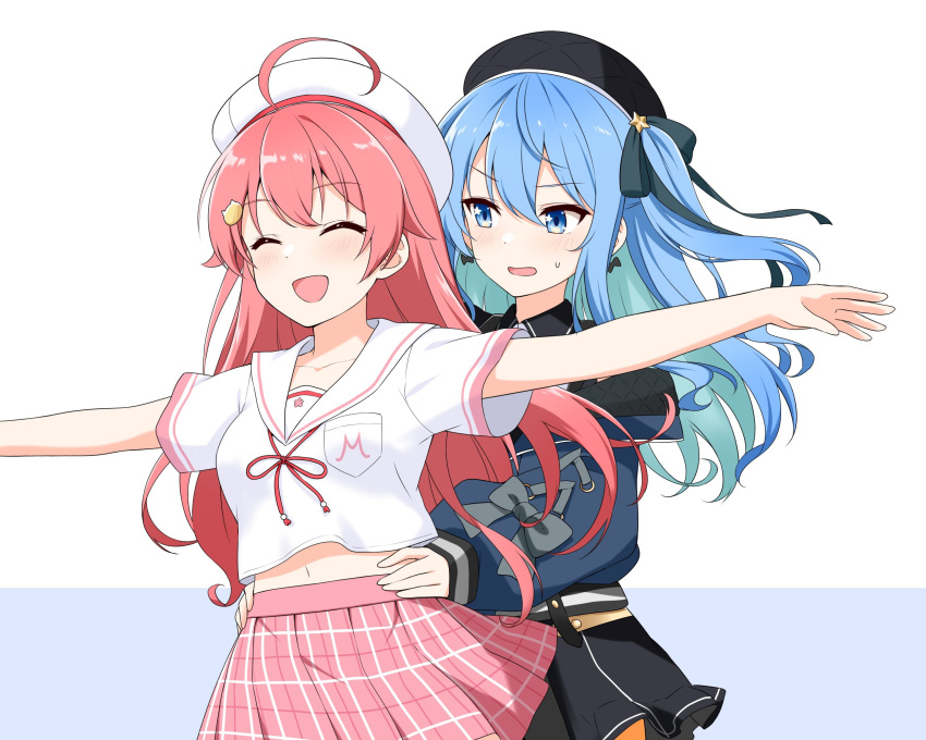 2girls ahoge alternate_costume beret black_headwear black_shirt black_skirt blue_eyes blue_hair blue_jacket blush bow bow_earrings breast_pocket breasts cat_hair_ornament closed_eyes collarbone collared_shirt colored_inner_hair dress earrings felutiahime grey_ribbon hair_ornament hand_on_hip hat highres hololive hoshimachi_suisei jacket jewelry long_hair long_sleeves medium_breasts multicolored_hair multiple_girls navel official_alternate_costume one_side_up open_mouth outstretched_arms parody pink_hair pink_ribbon pink_skirt plaid plaid_skirt pleated_skirt pocket ribbon sailor_collar sailor_dress sakura_miko scene_reference school_uniform shirt simple_background skirt spread_arms sweatdrop titanic_(movie) two-tone_background virtual_youtuber white_background white_dress white_headwear white_sailor_collar yuri