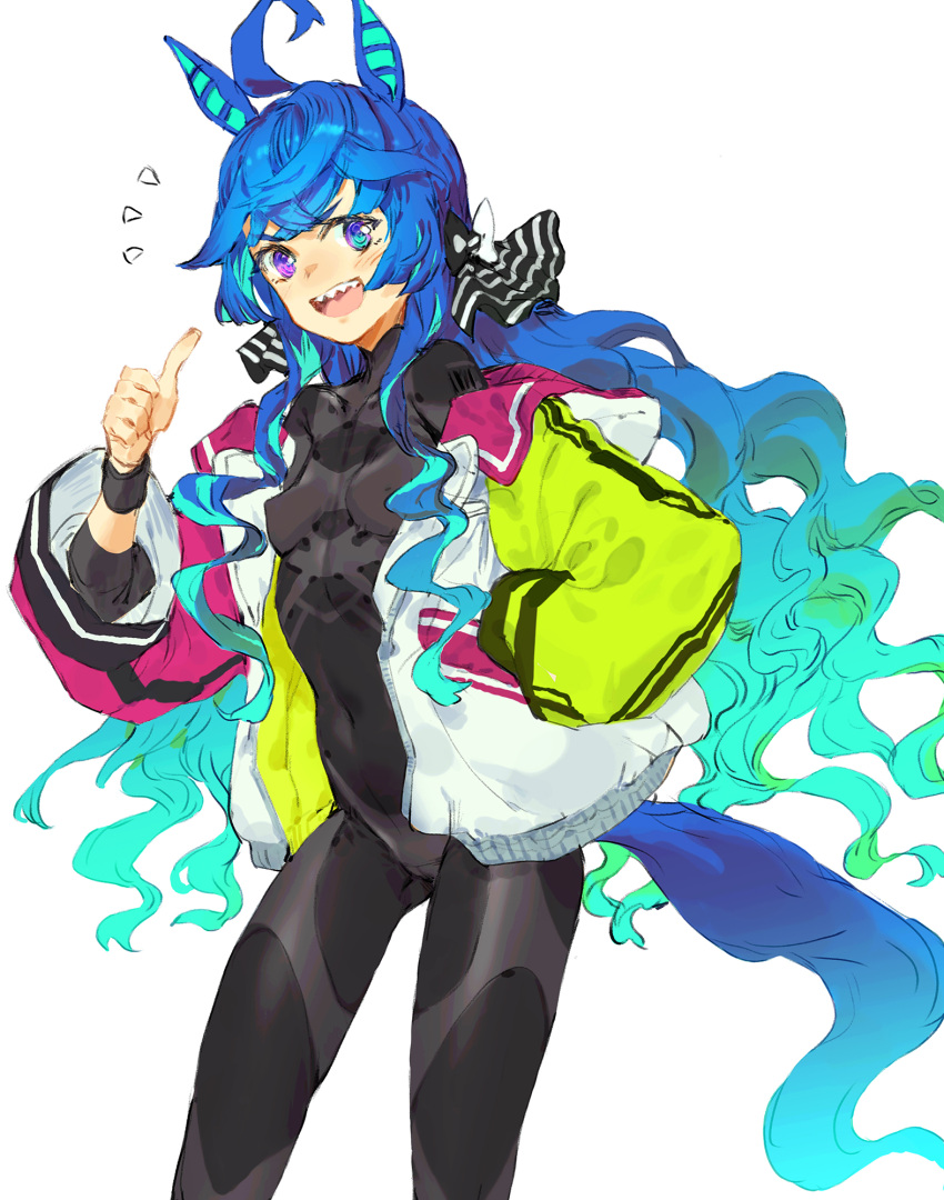 1girl ahoge alternate_hairstyle animal_ears aqua_hair black_bodysuit black_ribbon blue_eyes blue_hair bodysuit breasts coat codename47 cowboy_shot crotch_seam gradient_hair hair_down hair_ribbon hand_in_pocket heterochromia highres horse_ears horse_girl horse_tail long_hair long_sleeves looking_at_viewer multicolored_coat multicolored_hair notice_lines open_clothes open_coat open_mouth purple_eyes ribbon sharp_teeth sidelocks simple_background small_breasts smile solo standing tail teeth thumbs_up twin_turbo_(umamusume) twintails umamusume white_background wristband